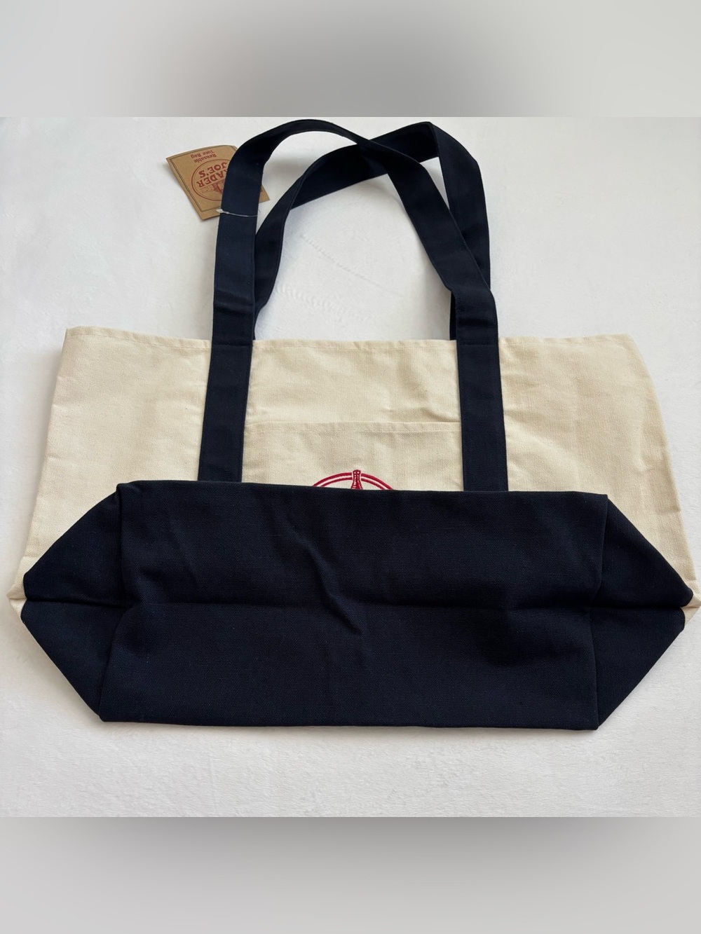Trader Joe’s Large Canvas Tote Bag Cream and Navy Blue NWT - Picture 3 of 14